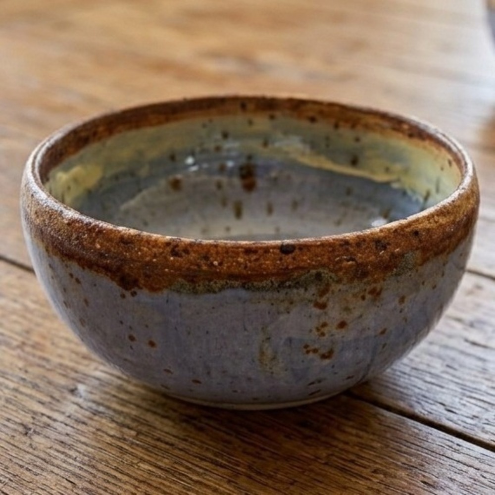 VTG Handmade Studio Pottery Blue Brown Glaze Speckled Ceramic Bowl 5" Primitive